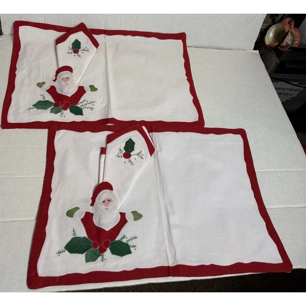 Handmade Christmas Santa Placemats Napkins Set 2 Applique Holiday Vintage